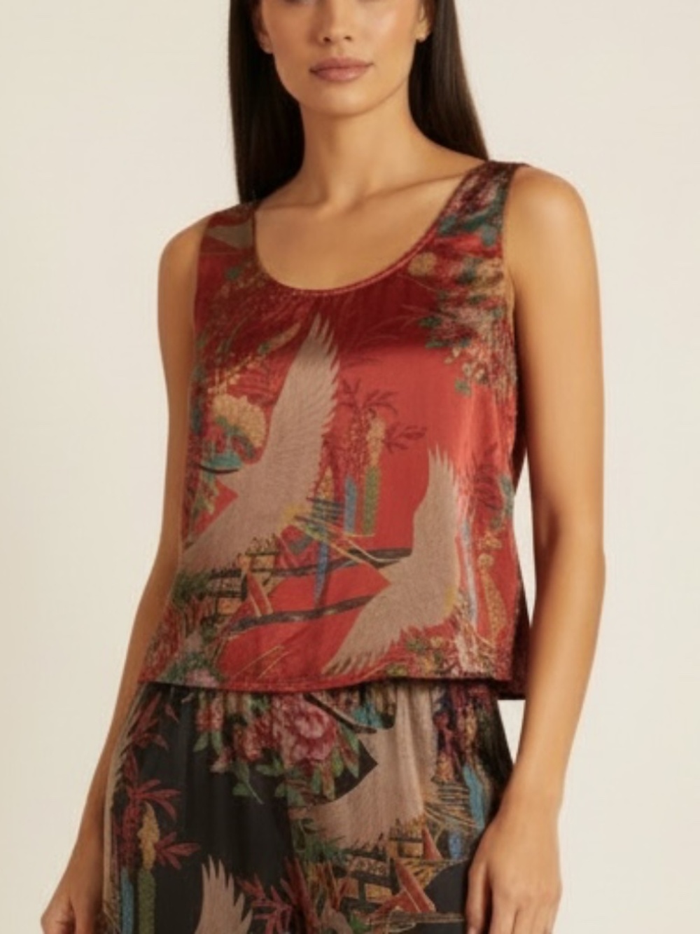Citron - Elegant Crane Floral Silk Rayon Sleeveless Blouse Tank Top - Medium